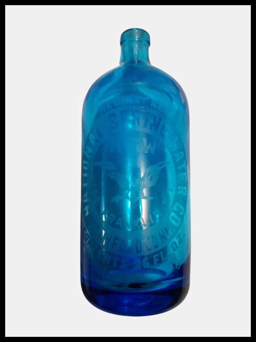 Vintage National Spring Water Co Stamford CT Blue Seltzer Bottle Austria